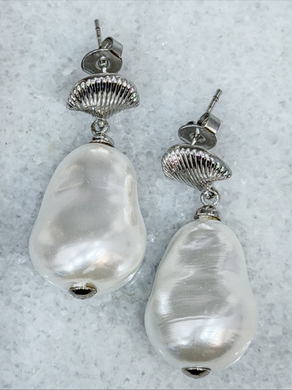 Large White Shell Pearl Silver Fan Post Dangle Earrings